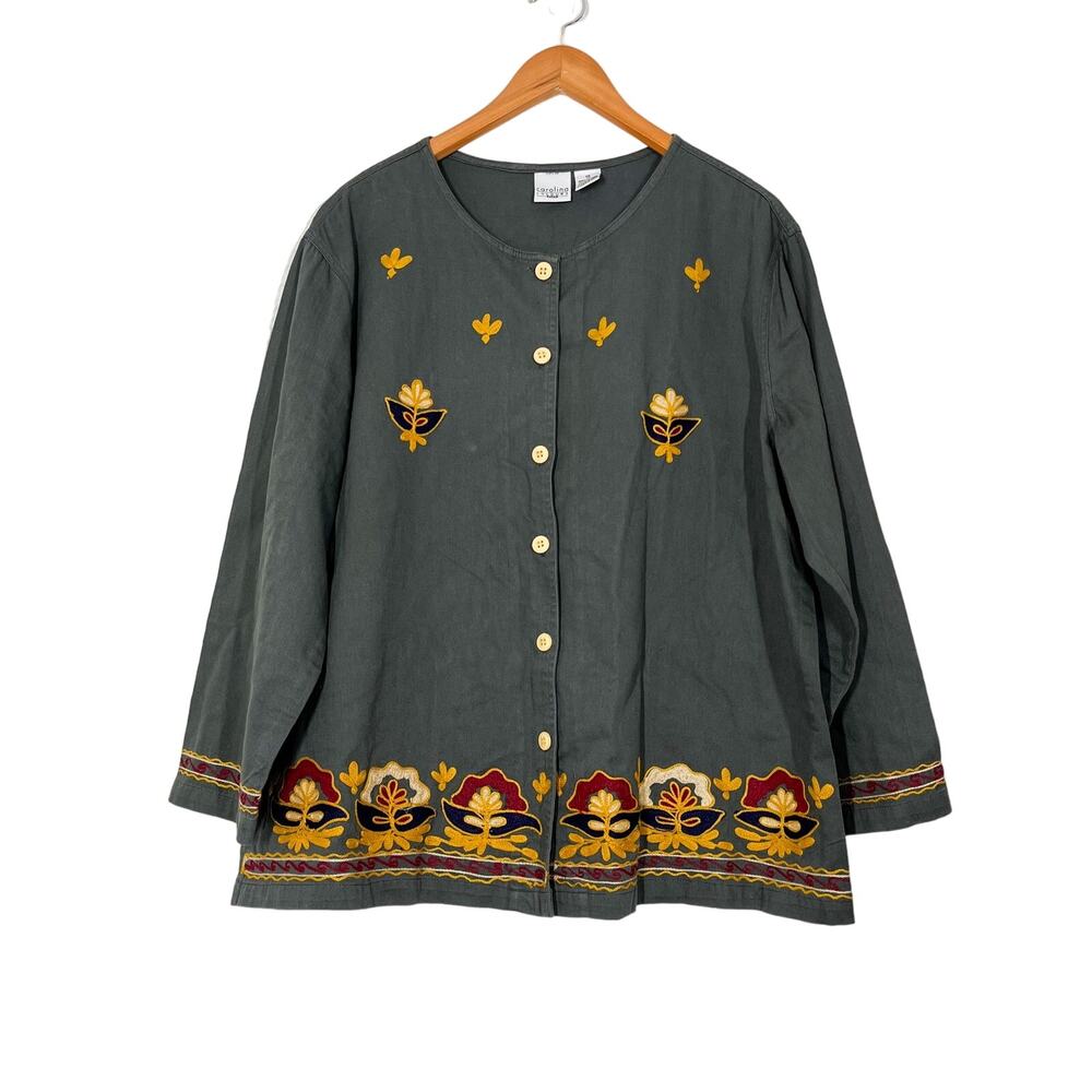 Vintage Carolina Colours Plus Women’s Embroidered‎ Cardigan Sz 18 Green Floral
